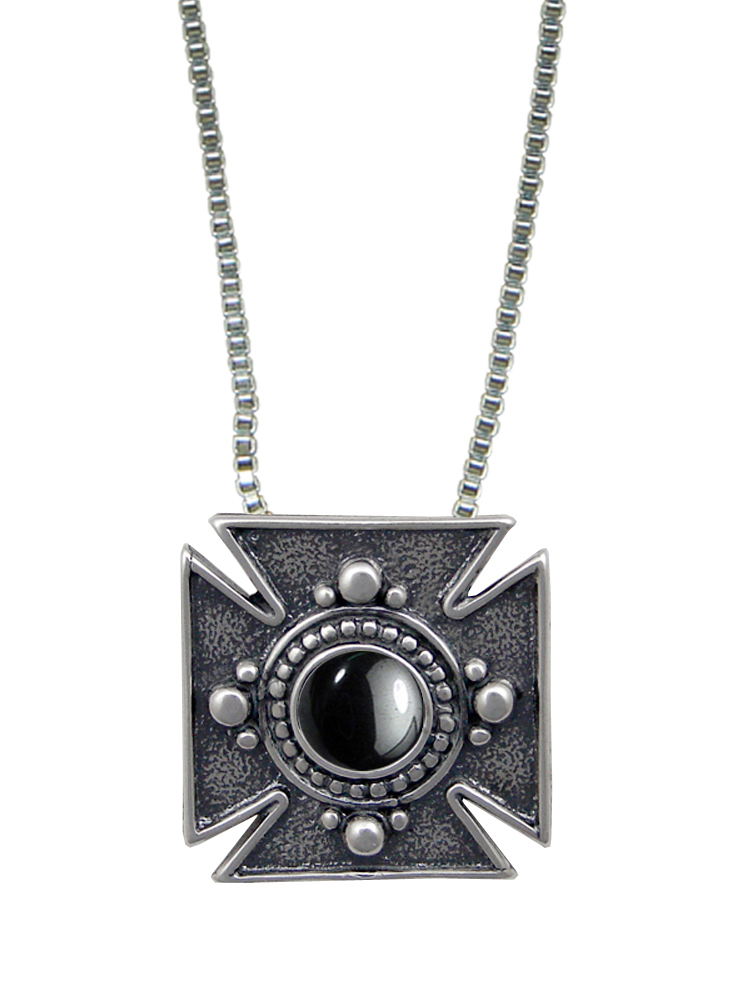 Sterling Silver Iron Cross Pendant Necklace With Hematite Sterling Silver Iron Cross Pendant Necklace With Hematite